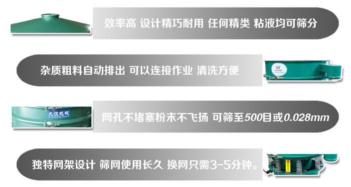 直徑1000mm振動(dòng)篩的特點(diǎn)：效率高，設(shè)計(jì)精巧耐用，任何精類，粘液均可篩分，雜質(zhì)粗料自動(dòng)排出，可以連接作業(yè)，清洗方便。網(wǎng)孔不堵塞粉末不飛揚(yáng)，可篩至500目或0。028mm篩網(wǎng)使用長久，換網(wǎng)只需3-5分鐘。