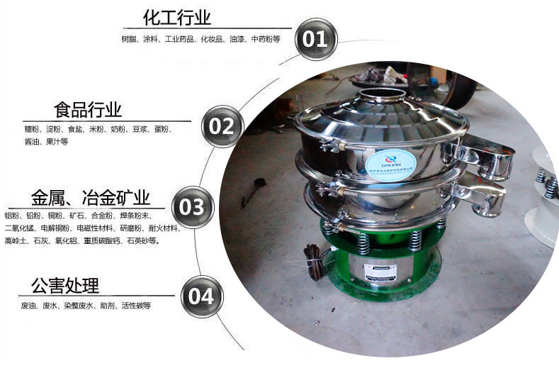 面粉振動篩粉機適用于化工，食品，金屬、冶金，公害處理等行業(yè)