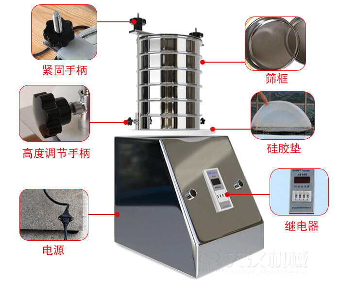 試驗篩內(nèi)部結(jié)構(gòu)，控制箱，振動平臺，兩者鎖緊手柄，上部鎖緊手柄，連接線等。